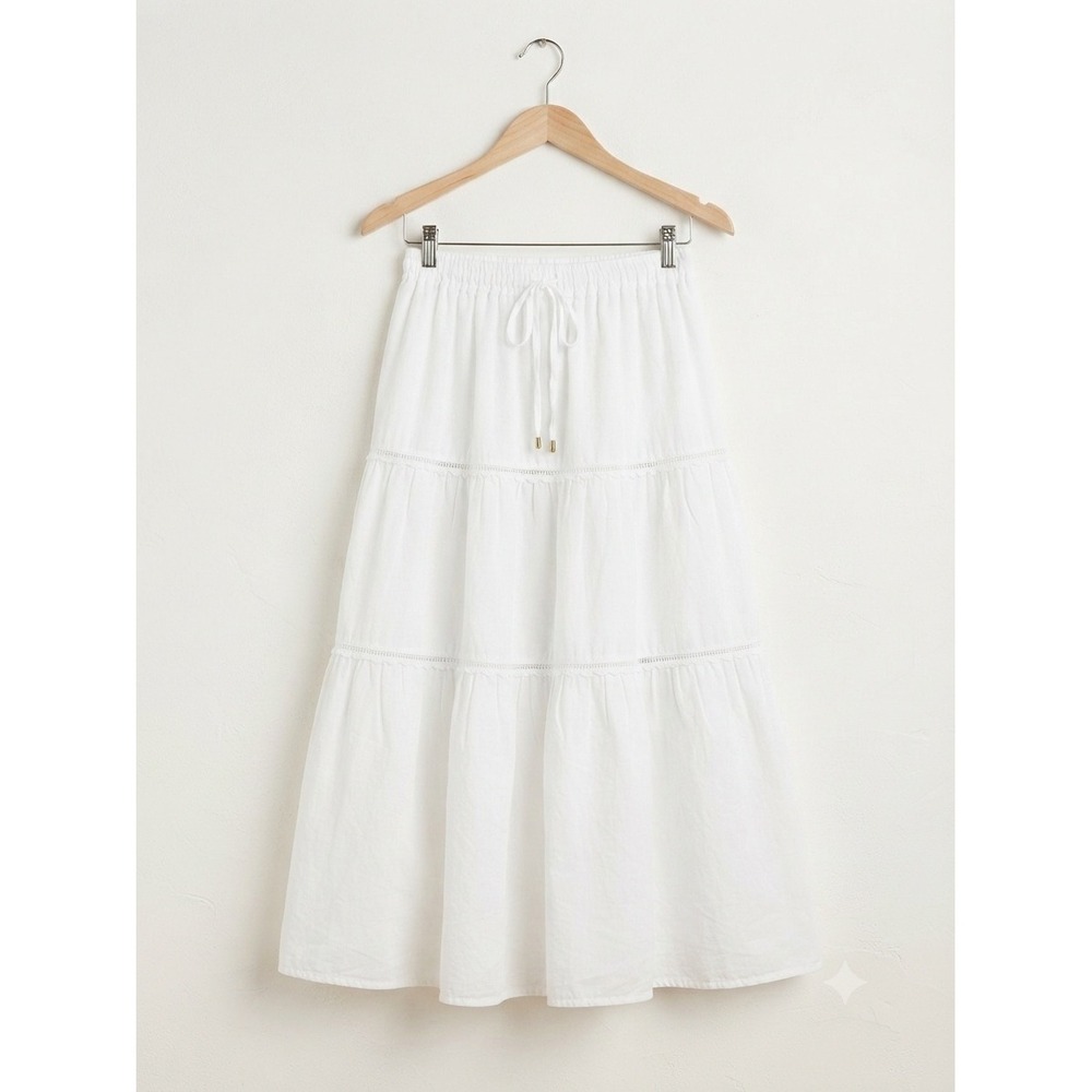FAS Tiered Midi Skirt Women Large White Boho Coastal Rayon Tencel Blend